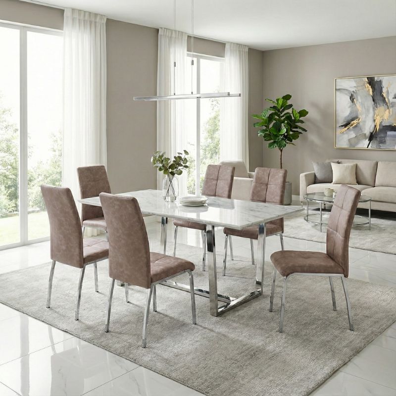 Καρέκλα τραπεζαρίας μπεζ PU - μεταλλικό πόδι χρωμίου 3