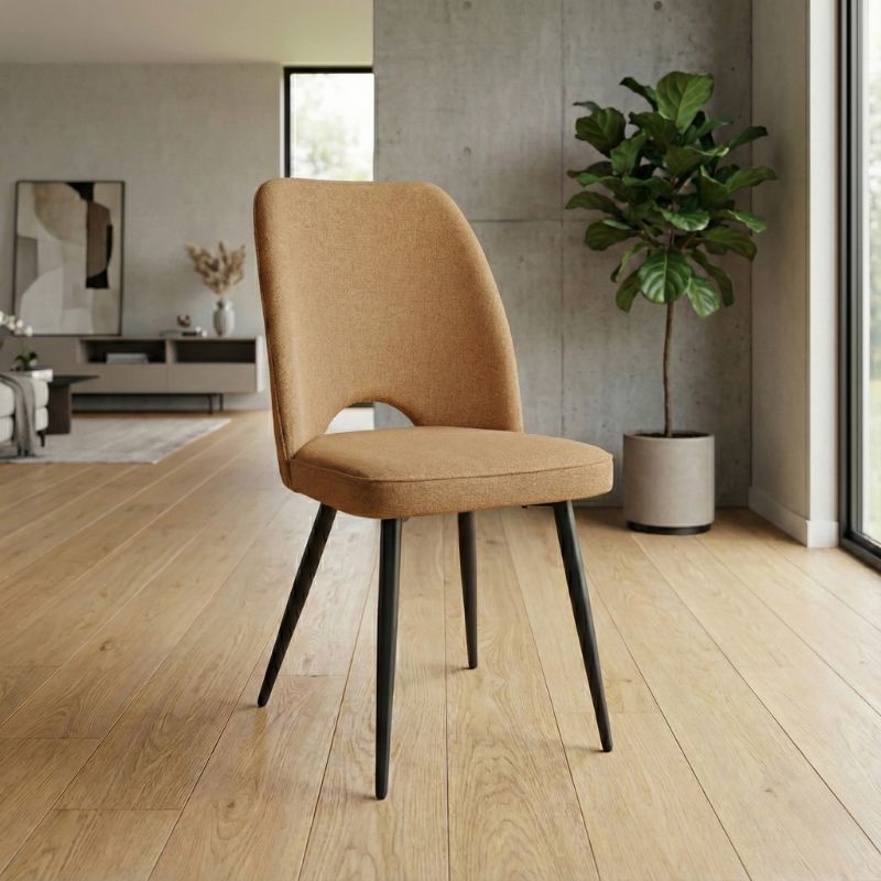 Καρέκλα τραπεζαρίας μουσταρδί ύφασμα - μεταλλικό μαύρο πόδι 2