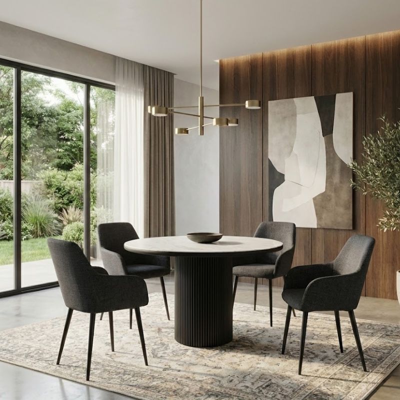 Πολυθρόνα τραπεζαρίας γκρι ύφασμα - μεταλλικό μαύρο πόδι 3