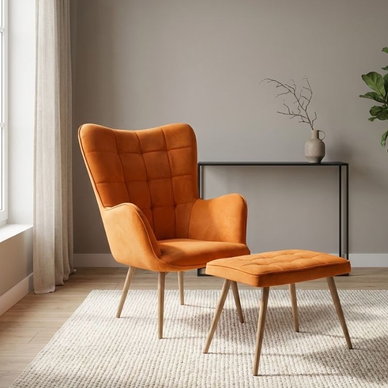 Πολυθρόνα - Μπερζέρα με υποπόδιο κροκί βελούδο - μεταλλικό πόδι χρώμα φυσικό