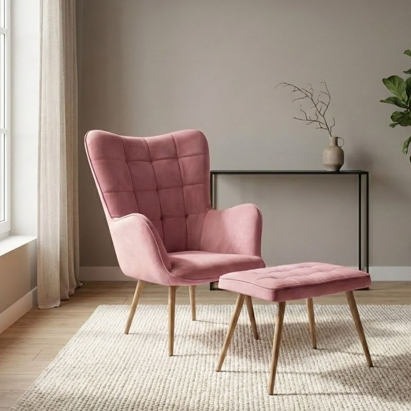 Πολυθρόνα - Μπερζέρα με υποπόδιο σάπιο μήλο βελούδο - μεταλλικό πόδι χρώμα φυσικό