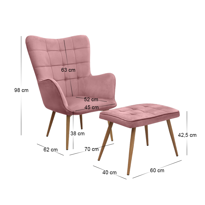 Πολυθρόνα - Μπερζέρα με υποπόδιο σάπιο μήλο βελούδο - μεταλλικό πόδι χρώμα φυσικό 11