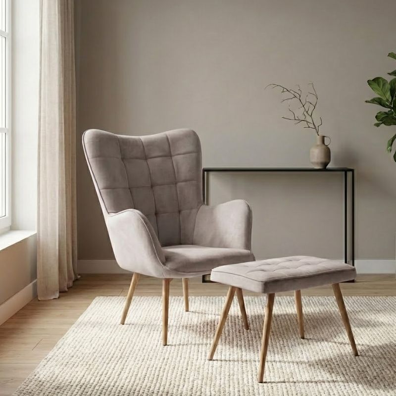 Πολυθρόνα - Μπερζέρα με υποπόδιο μπεζ βελούδο - μεταλλικό πόδι χρώμα φυσικό