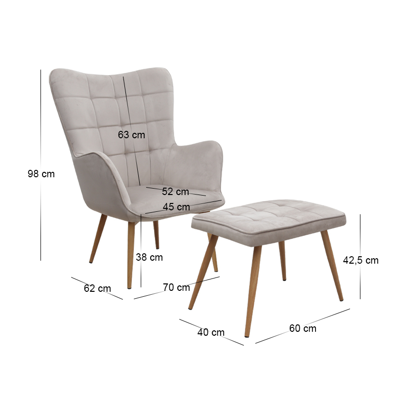 Πολυθρόνα - Μπερζέρα με υποπόδιο μπεζ βελούδο - μεταλλικό πόδι χρώμα φυσικό 11