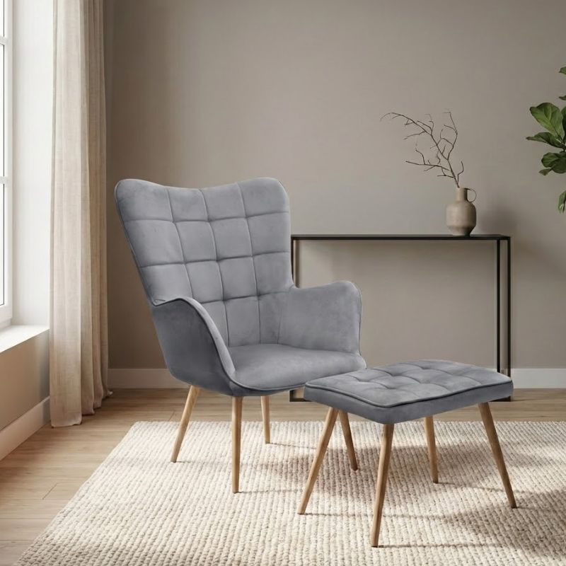 Πολυθρόνα - Μπερζέρα με υποπόδιο γκρι βελούδο - μεταλλικό πόδι χρώμα φυσικό