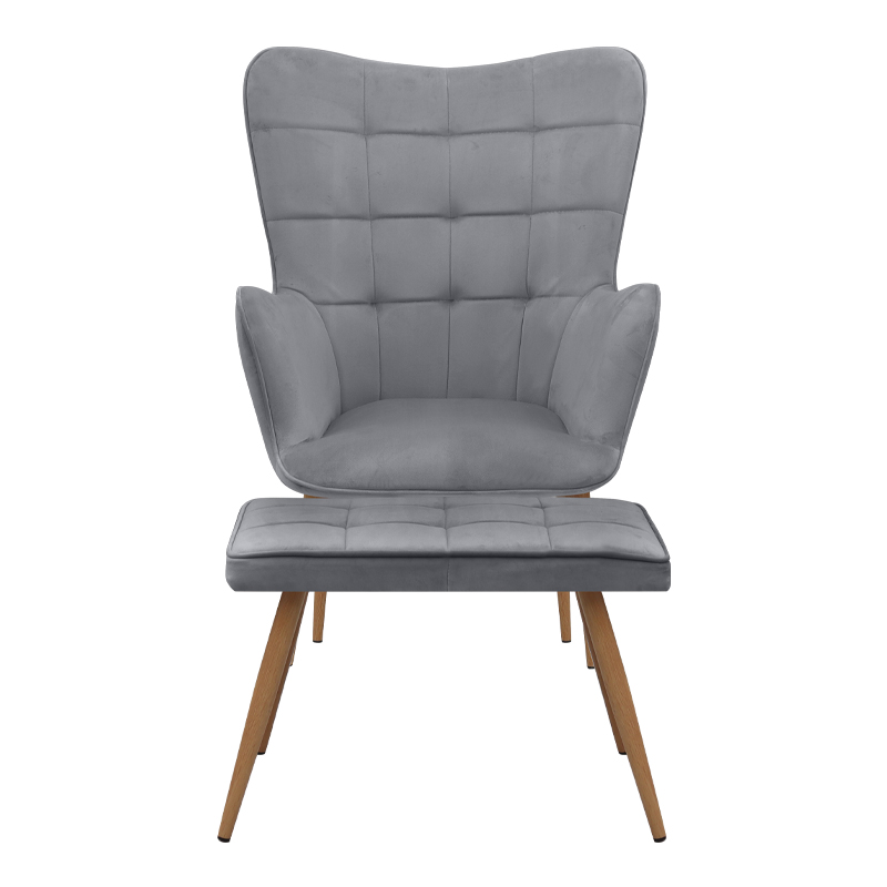 Πολυθρόνα - Μπερζέρα με υποπόδιο γκρι βελούδο - μεταλλικό πόδι χρώμα φυσικό 4