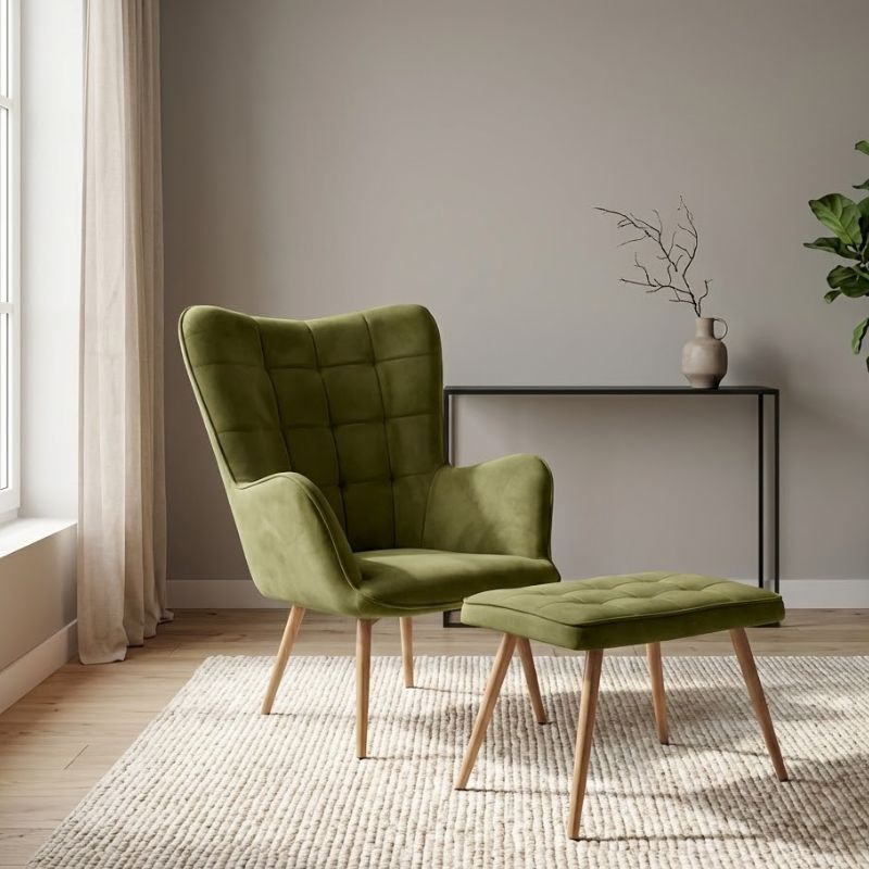 Πολυθρόνα - Μπερζέρα με υποπόδιο λαδί βελούδο - μεταλλικό πόδι χρώμα φυσικό