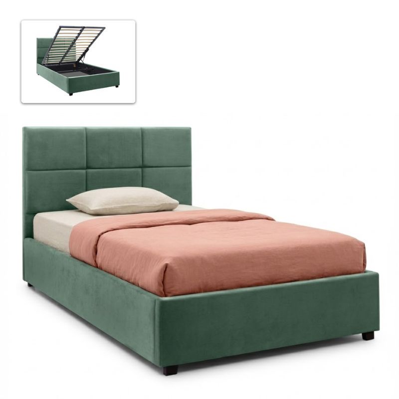 Κρεβάτι Kingston Megapap βελούδινο με αποθηκευτικό χώρο χρώμα κυπαρισσί 120x200εκ.