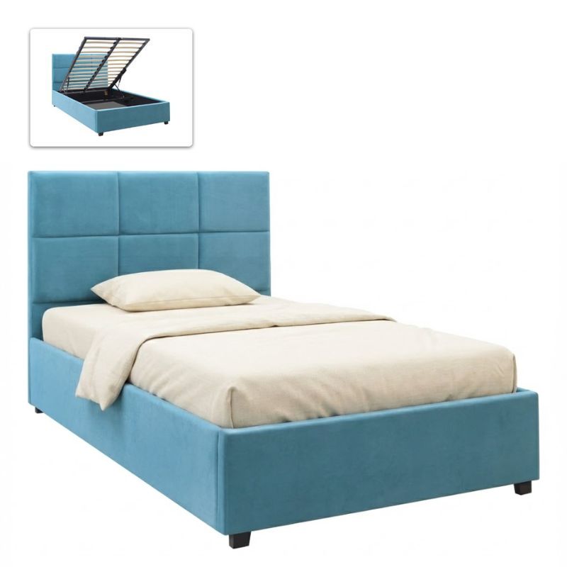 Κρεβάτι Kingston Megapap βελούδινο με αποθηκευτικό χώρο χρώμα γαλάζιο 100x200εκ.
