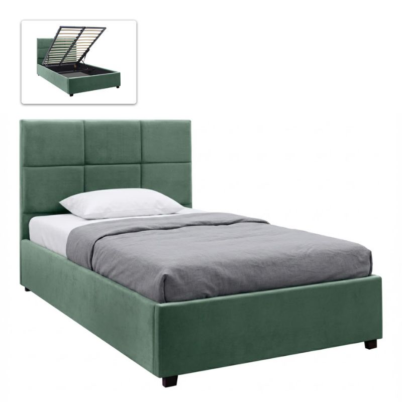Κρεβάτι Kingston Megapap βελούδινο με αποθηκευτικό χώρο χρώμα κυπαρισσί 100x200εκ.