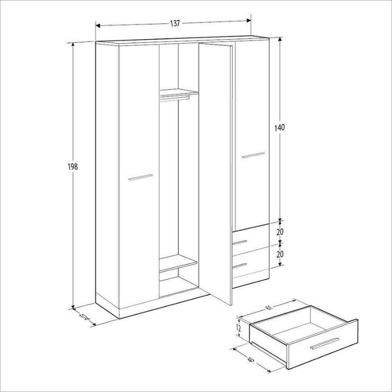 Ντουλάπα ρούχων τετράφυλλη με συρτάρια χρώμα λευκό 9
