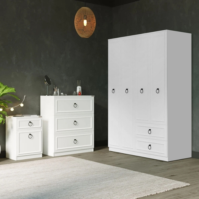 Ντουλάπα ρούχων τετράφυλλη με συρτάρια χρώμα λευκό 3