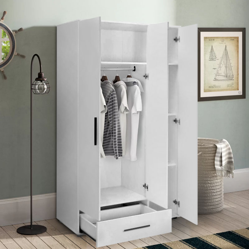 Ντουλάπα ρούχων τρίφυλλη με συρτάρια χρώμα λευκό 2