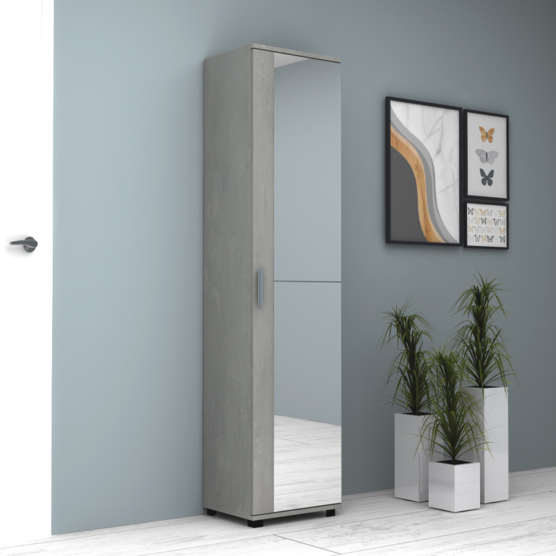 Ντουλάπα ρούχων - παπουτσοθήκη μονόφυλλη με καθρέπτη χρώμα γκρι σκυροδέματος 3
