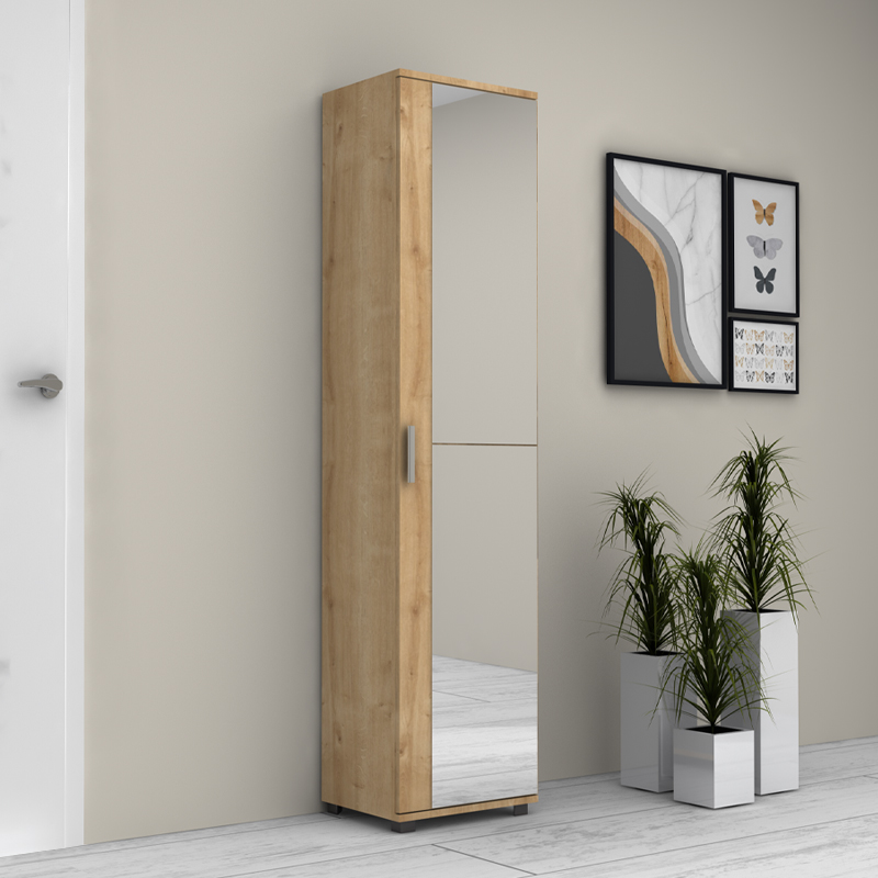 Ντουλάπα ρούχων - παπουτσοθήκη μονόφυλλη με καθρέπτη χρώμα φυσικό οξιάς 3