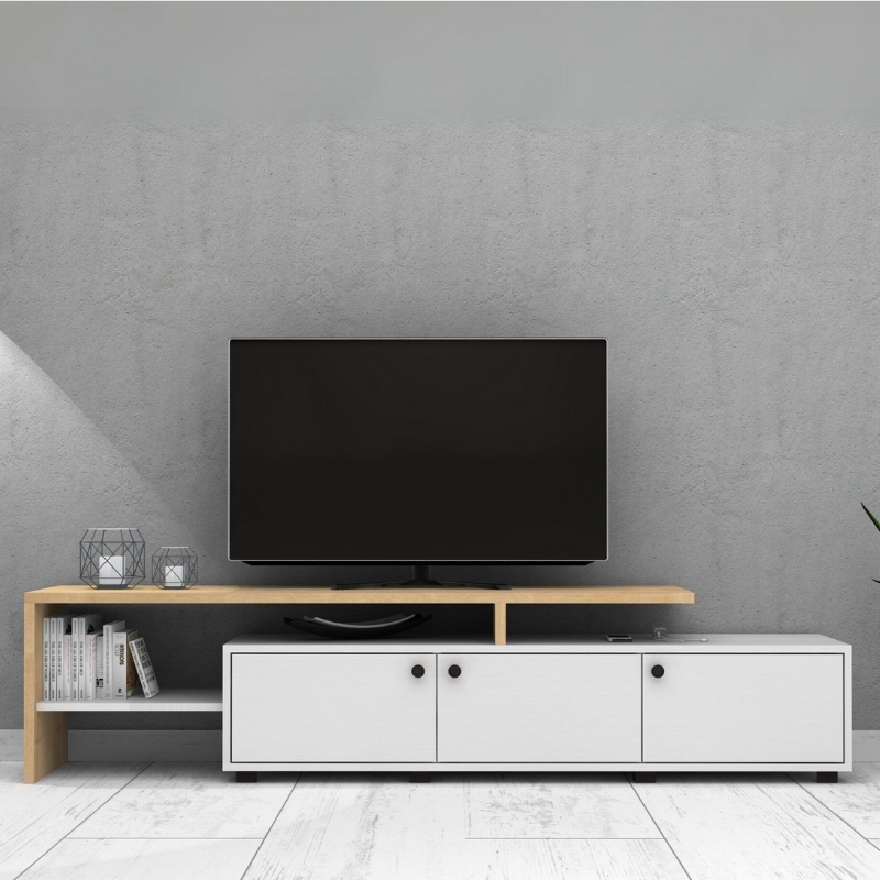 Έπιπλο τηλεόρασης χρώμα λευκό - φυσικό οξιάς 197,5x35x46cm. 2