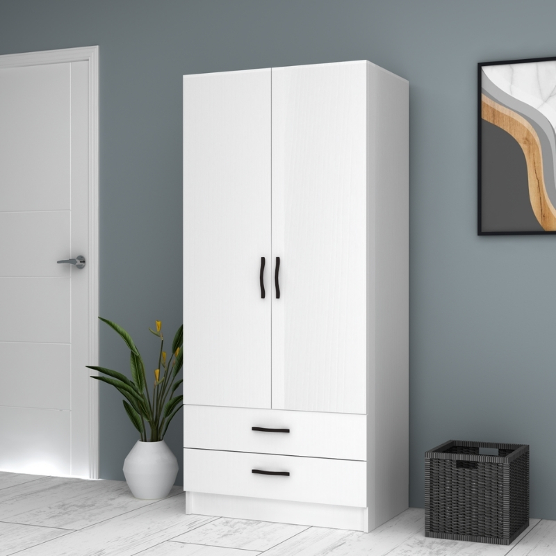 Ντουλάπα ρούχων δίφυλλη με συρτάρια χρώμα λευκό 2