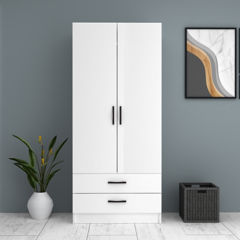 Ντουλάπα ρούχων δίφυλλη με συρτάρια χρώμα λευκό 4