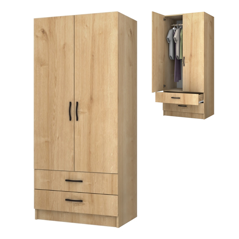 Ντουλάπα ρούχων δίφυλλη με συρτάρια χρώμα φυσικό οξιάς