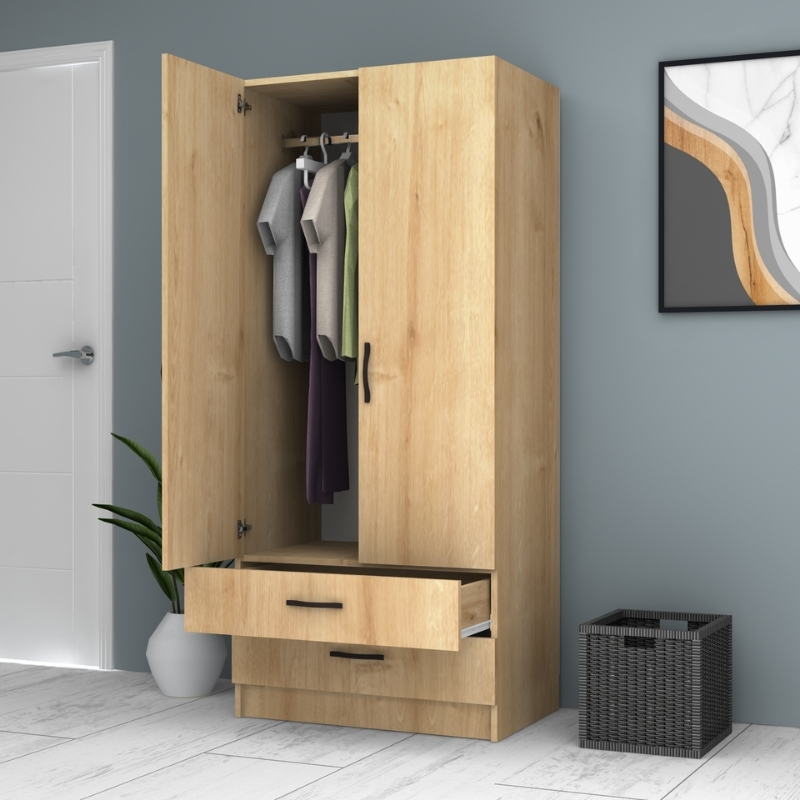 Ντουλάπα ρούχων δίφυλλη με συρτάρια χρώμα φυσικό οξιάς 3