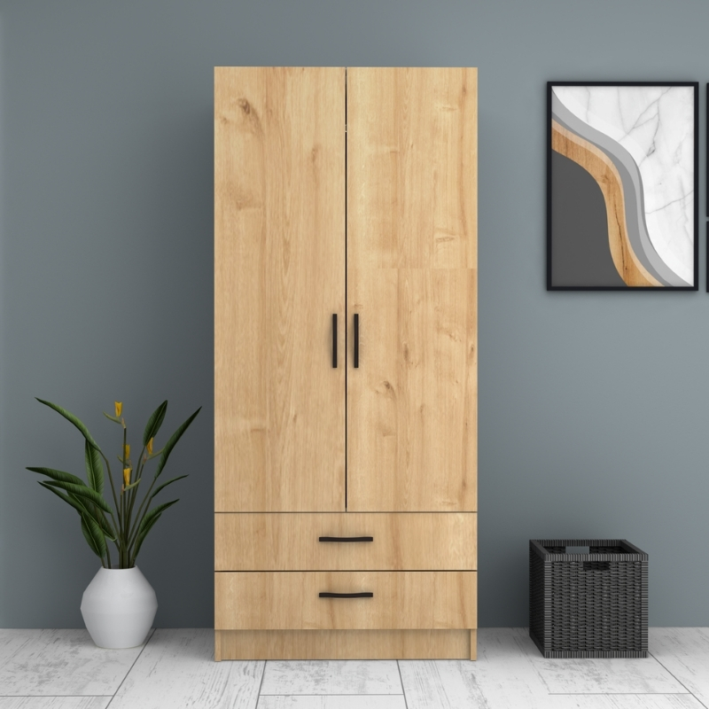 Ντουλάπα ρούχων δίφυλλη με συρτάρια χρώμα φυσικό οξιάς 4