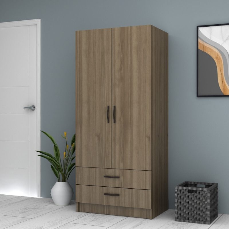 Ντουλάπα ρούχων δίφυλλη με συρτάρια χρώμα καρυδί 2