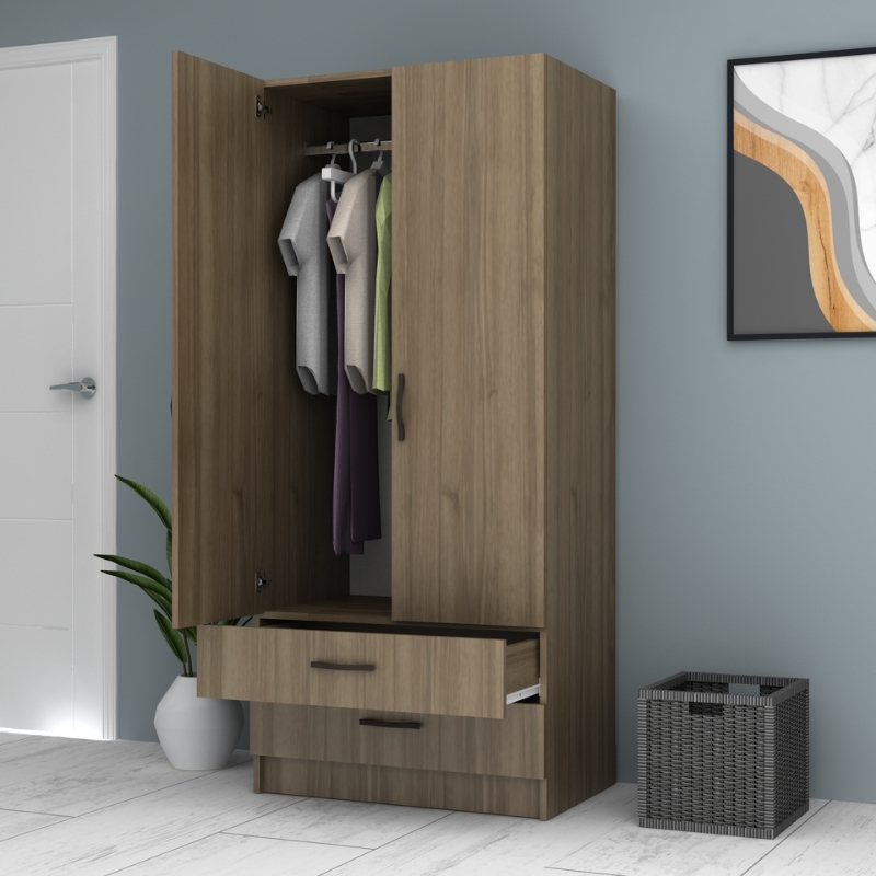 Ντουλάπα ρούχων δίφυλλη με συρτάρια χρώμα καρυδί 3