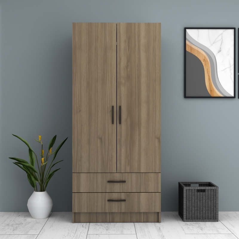 Ντουλάπα ρούχων δίφυλλη με συρτάρια χρώμα καρυδί 4