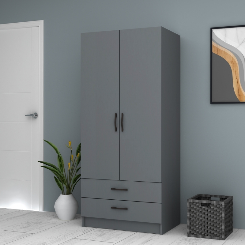 Ντουλάπα ρούχων δίφυλλη με συρτάρια χρώμα ανθρακί 2