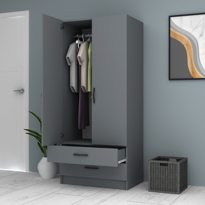 Ντουλάπα ρούχων δίφυλλη με συρτάρια χρώμα ανθρακί 3