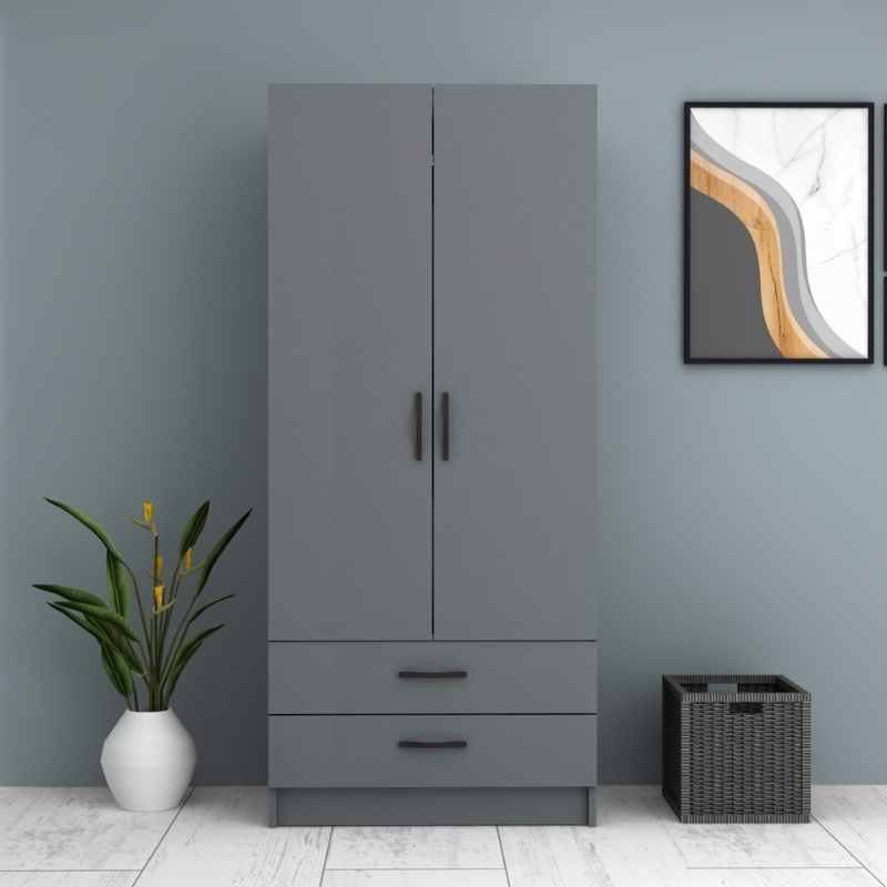 Ντουλάπα ρούχων δίφυλλη με συρτάρια χρώμα ανθρακί 4