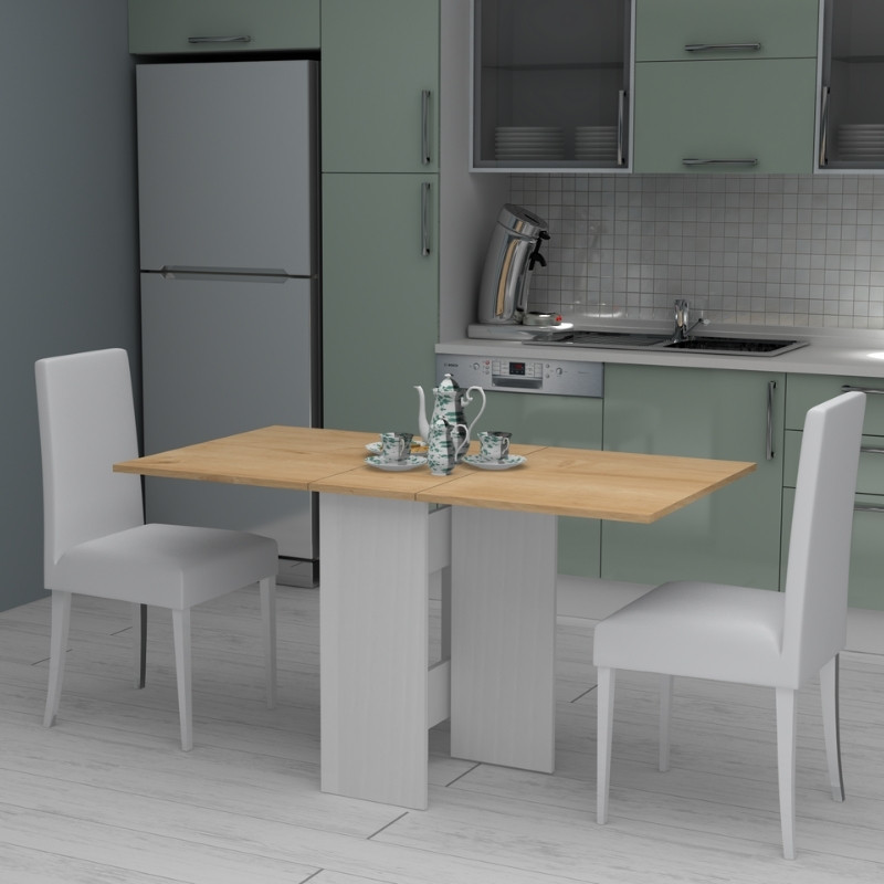 Τραπέζι επεκτεινόμενο χρώμα λευκό - φυσικό οξιάς 28(56+56)x77x75εκ. 2