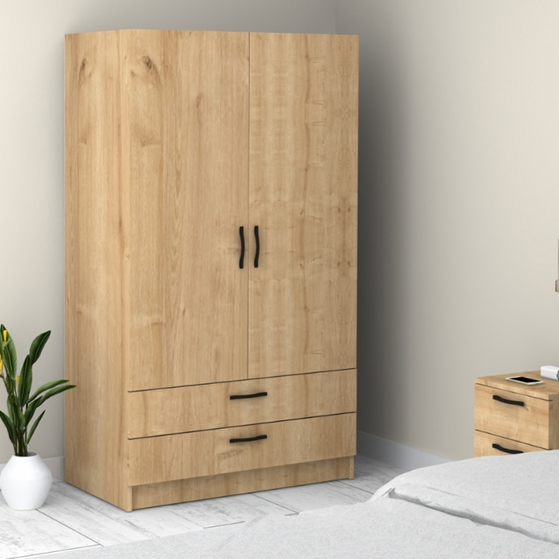 Ντουλάπα ρούχων δίφυλλη με συρτάρια χρώμα φυσικό οξιάς 3