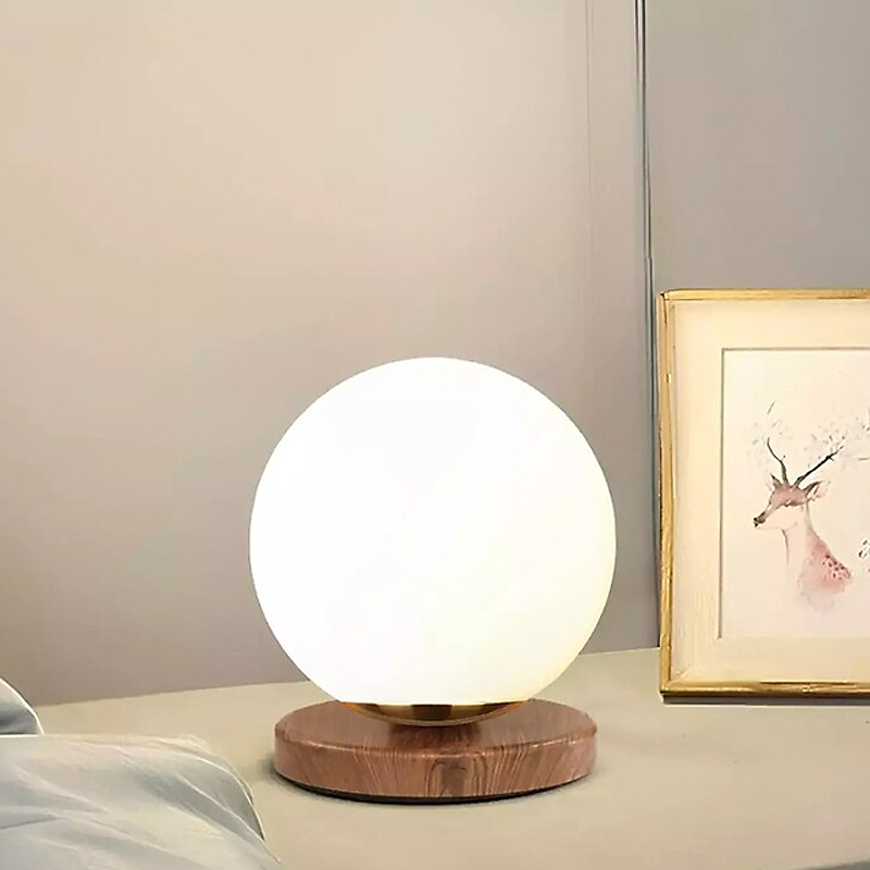 Φωτιστικό επιτραπέζιο E27 ξύλινο - γυάλινο χρώμα φυσικό - λευκό Ø15x22εκ. 2