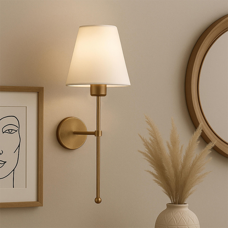 Απλίκα τοίχου E27 υφασμάτινη - μεταλλική χρώμα χρυσό - κρεμ 2