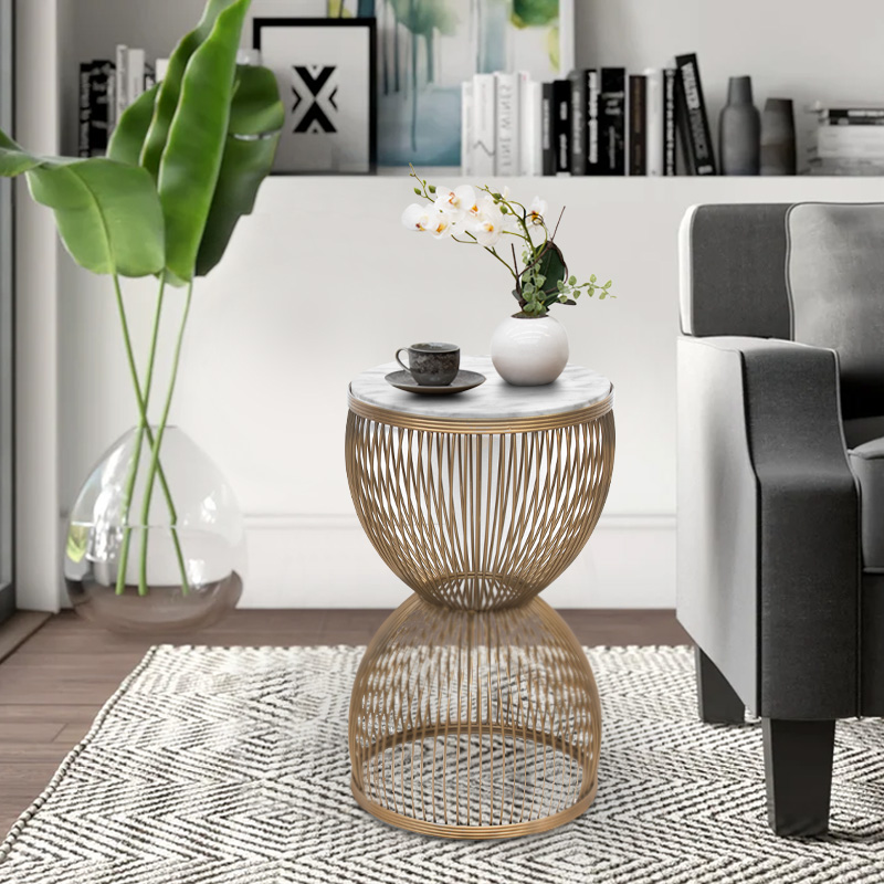 Τραπεζάκι βοηθητικό μεταλλικό - Mdf χρώμα χρυσό - λευκό εφέ μαρμάρου Ø34,5x56,5εκ. 2