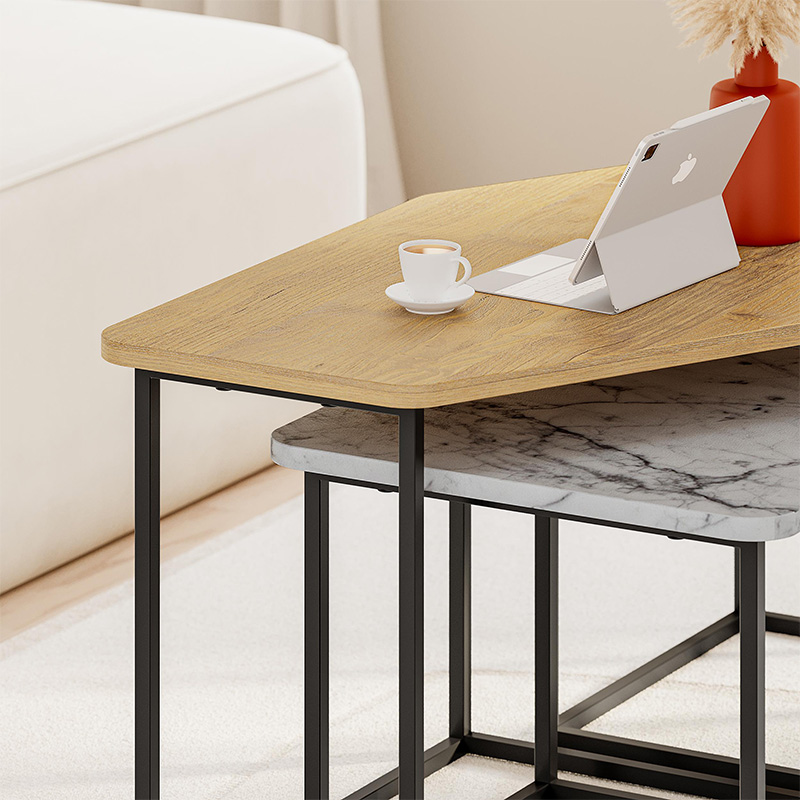 Τραπεζάκι σαλονιού σετ 3 τμχ. χρώμα oak - γκρι ρετρό - λευκό εφέ μαρμάρου 3