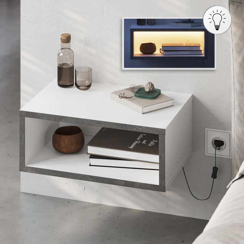 Κομοδίνο επιτοίχιο Brik Megapap με LED χρώμα λευκό - γκρι ρετρό 45x30x18εκ.