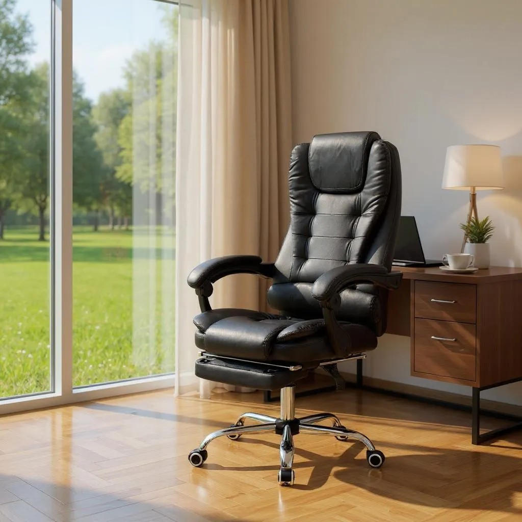 Καρέκλα γραφείου διευθυντική με υποπόδιο από τεχνόδερμα χρώμα μαύρο 65x65x117/127εκ. 4