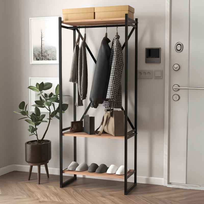 Έπιπλο εισόδου - Κρεμάστρα μεταλλική - μελαμίνης χρώμα μαύρο - oak