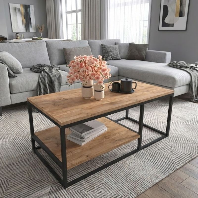 Τραπεζάκι σαλονιού μεταλλικό - μελαμίνης χρώμα oak