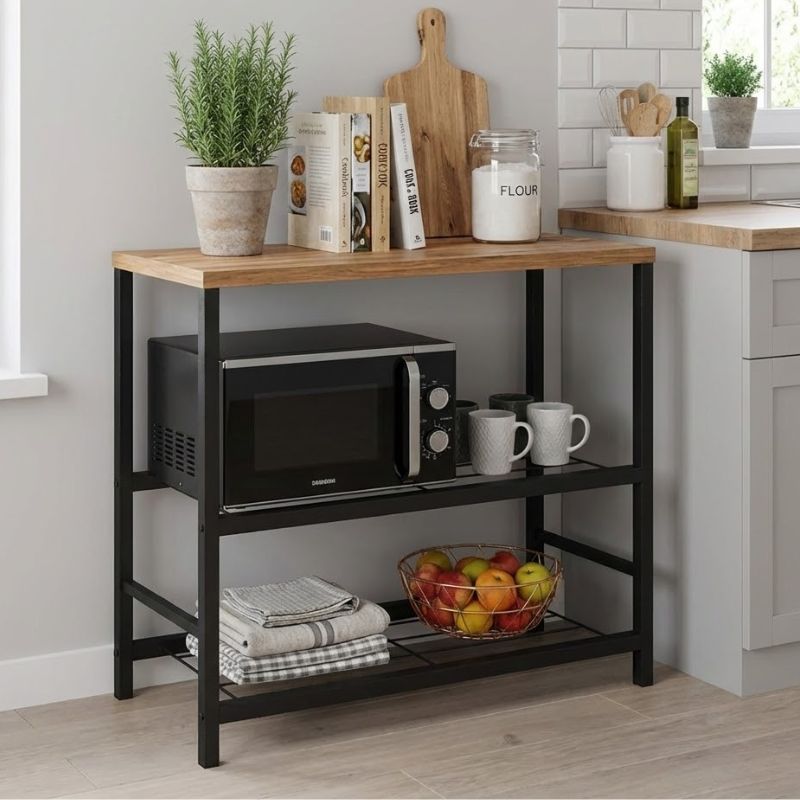 Τραπεζάκι βοηθητικό για φουρνάκι μεταλλικό - μελαμίνης χρώμα μαύρο - oak