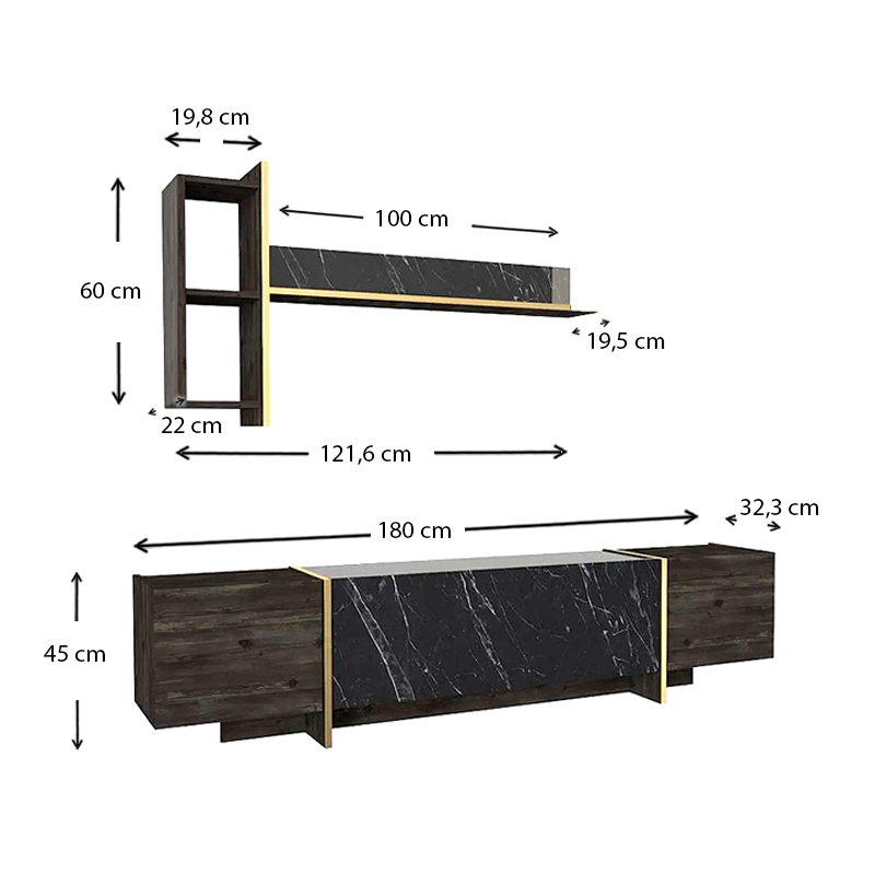 Σύνθεση τηλεόρασης χρώμα μαύρο - μαύρο εφέ μαρμάρου 6