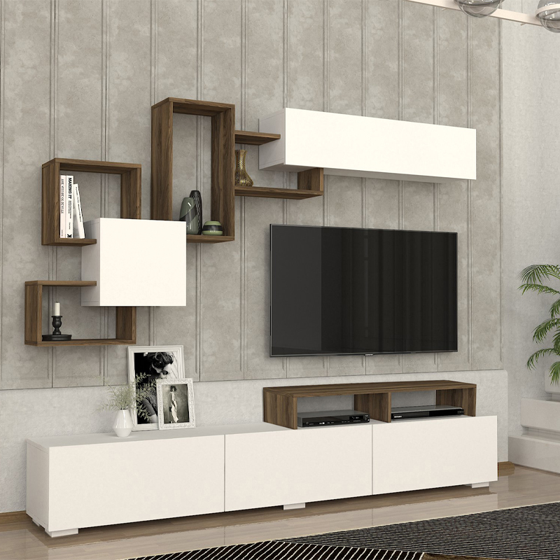 Σύνθεση τηλεόρασης χρώμα λευκό - καρυδί 3