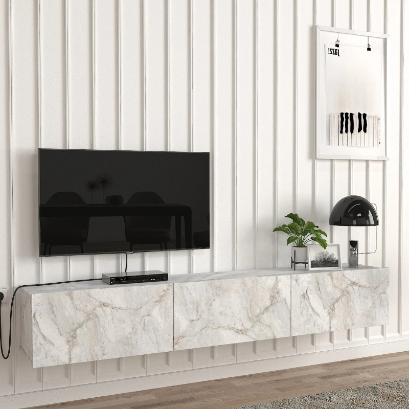 Έπιπλο τηλεόρασης επιτοίχιο με LED χρώμα λευκό εφέ μαρμάρου 4