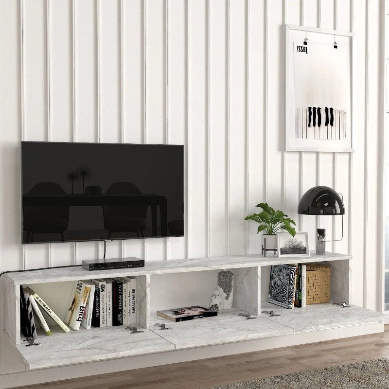 Έπιπλο τηλεόρασης επιτοίχιο με LED χρώμα λευκό εφέ μαρμάρου 5