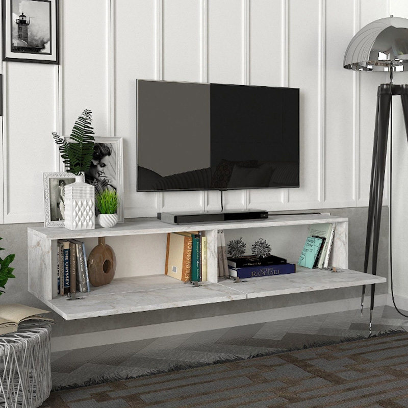Έπιπλο τηλεόρασης επιτοίχιο με LED χρώμα λευκό εφέ μαρμάρου 5