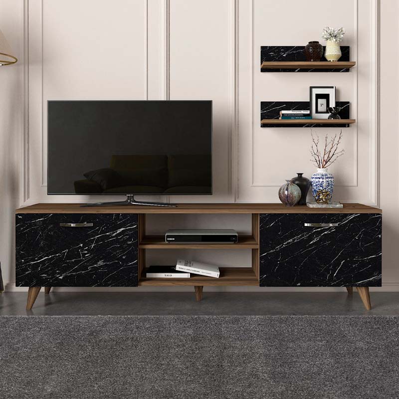 Έπιπλο τηλεόρασης χρώμα καρυδί - μαύρο εφέ μαρμάρου 3