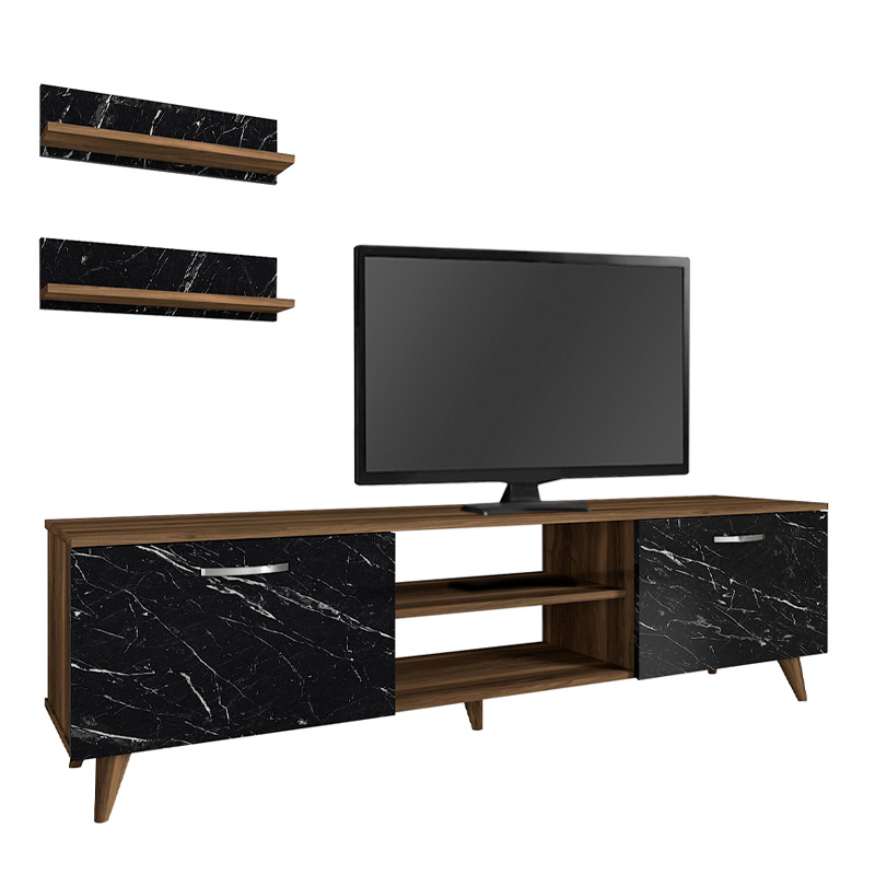 Έπιπλο τηλεόρασης χρώμα καρυδί - μαύρο εφέ μαρμάρου 4