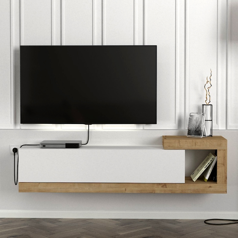 Έπιπλο τηλεόρασης επιτοίχιο χρώμα λευκό - oak 3